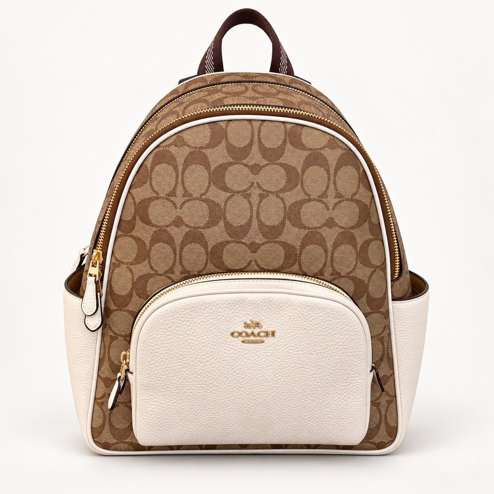Coach Court Backpack 5671 Signature Logo Canvas Khaki Chalk White Leather Pocket